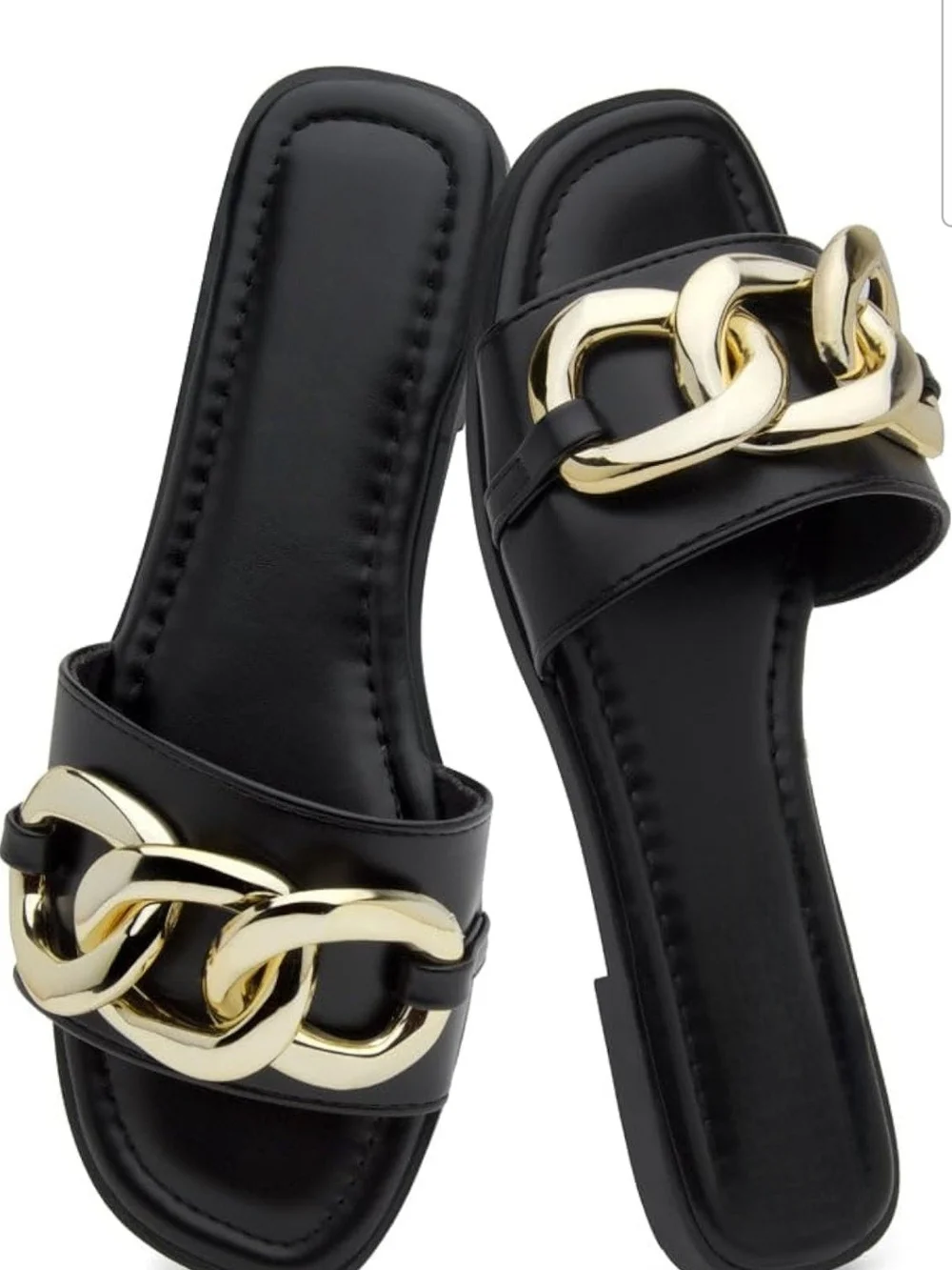 Black Slide Sandals with Gold Chain Accent